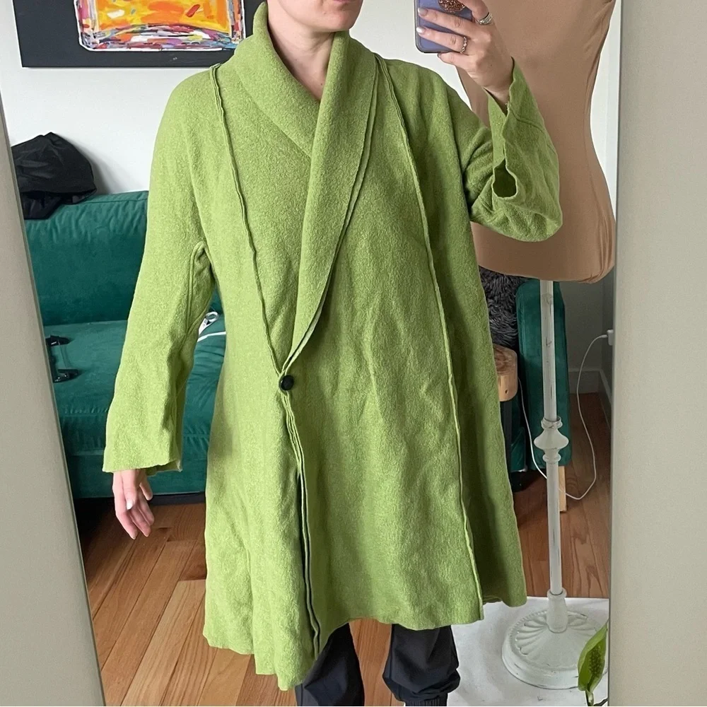 Kostron Atelier German 100% Virgin Wool Green Lagenlook Single Button Coat EUC M - Picture 6 of 11